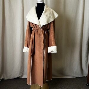 Vintage Newport News Faux Shearling Coat Brown‎ Belted Size 14 Long